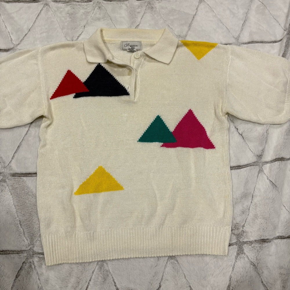Vintage Stevemor Knit White Geometric Short Sleeve Size Medium 90’s Retro